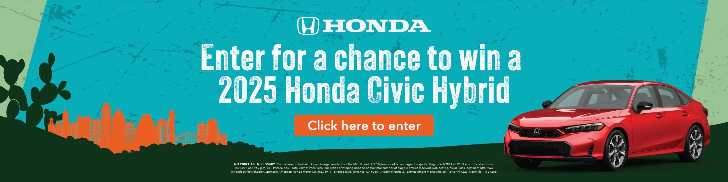 Honda Enter for a chance to win a 2025 Honda Civic Hybrid