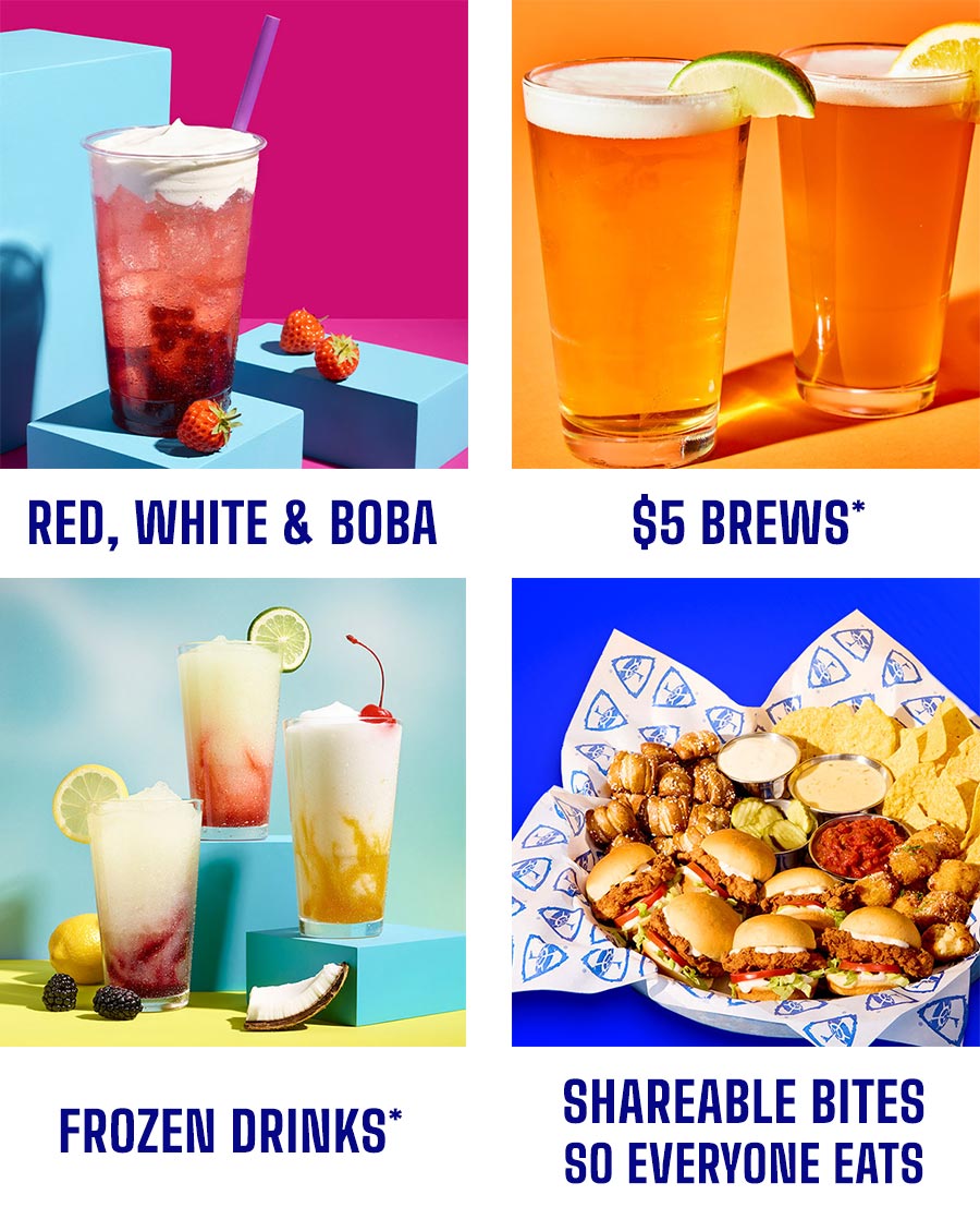 Red, White and Boba | $5 Brews | Frozen Drinks | Shareable Bites So Everyone Eats